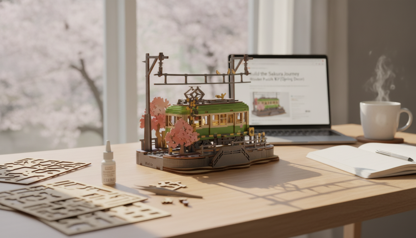 Build the Sakura Journey Wooden Train Puzzle Kit (Spring Decor)
