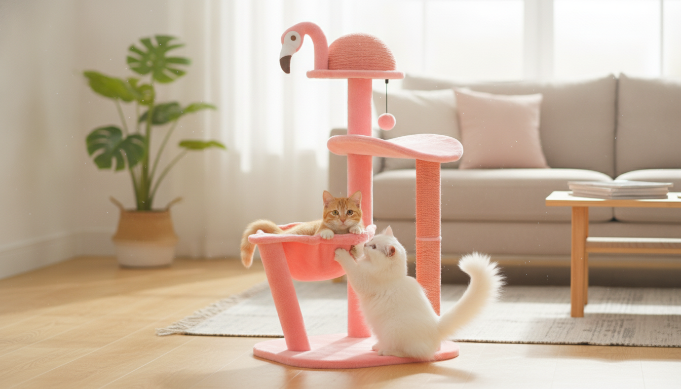 Flamingo Pink Cat Tree Tower: Sisal Posts + Hammock