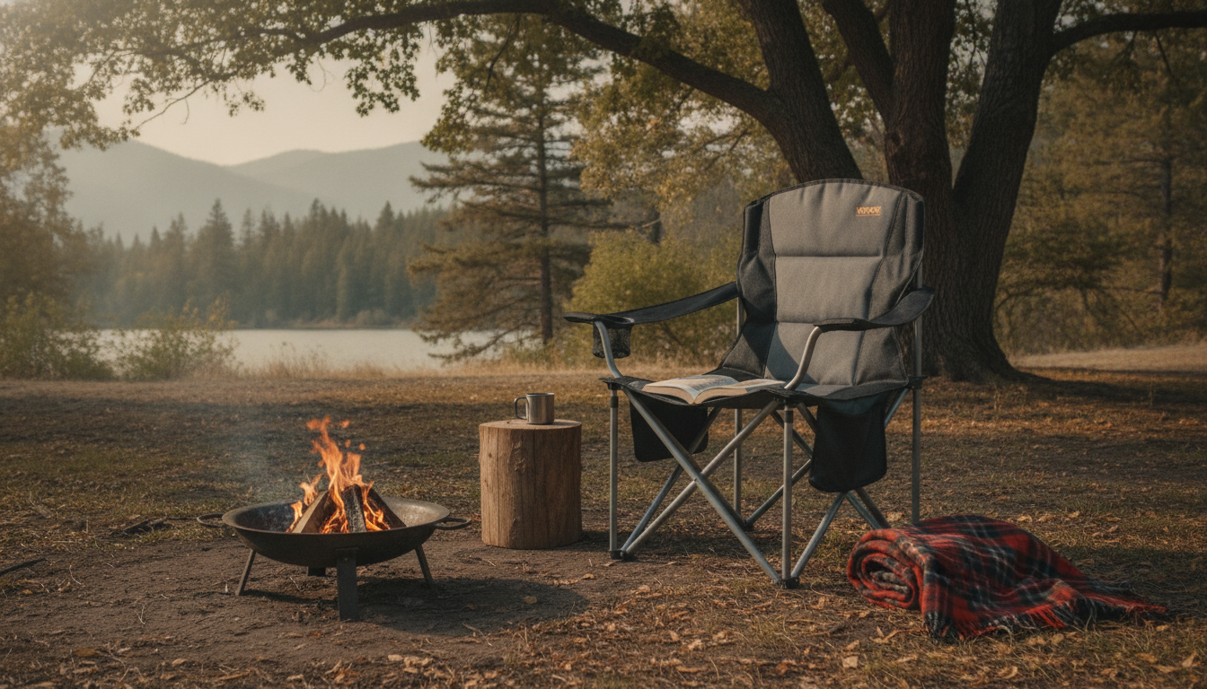 Folding Camping Chair: Lumbar Support, Padded Seat, Storage